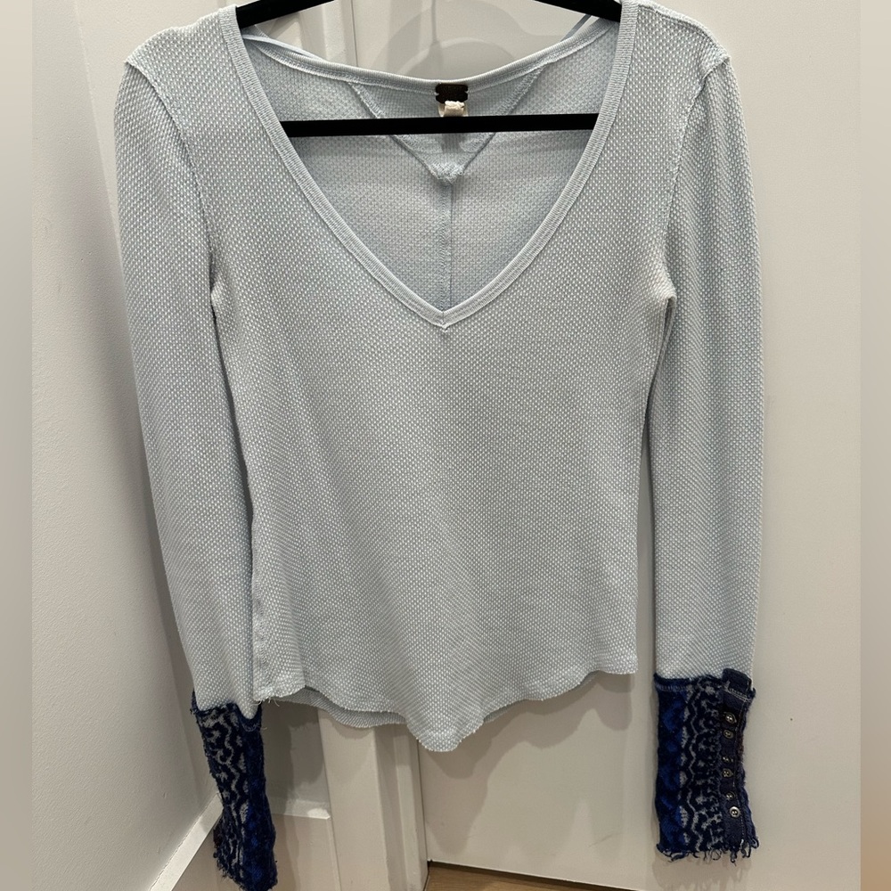 Free People Light Blue Long Sleeve Top with Navy Accents